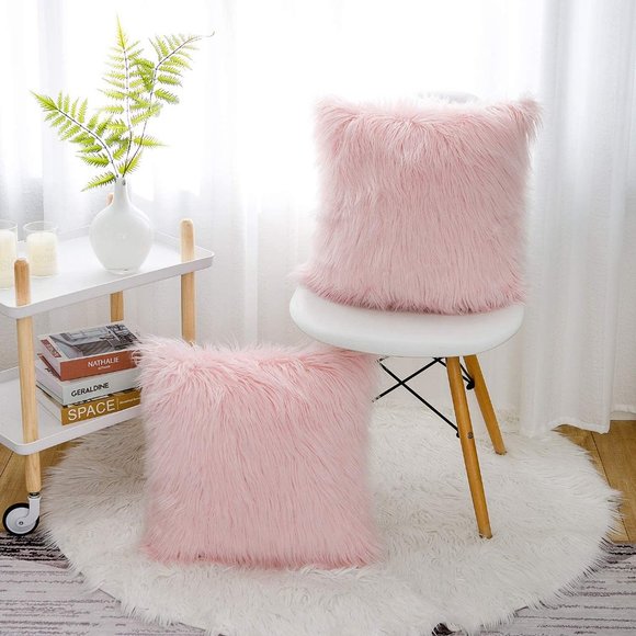 (Only Covers) Set of 2 Pink Luxury Fluffy Decorative Pillow Cushion Covers - Picture 3 of 3